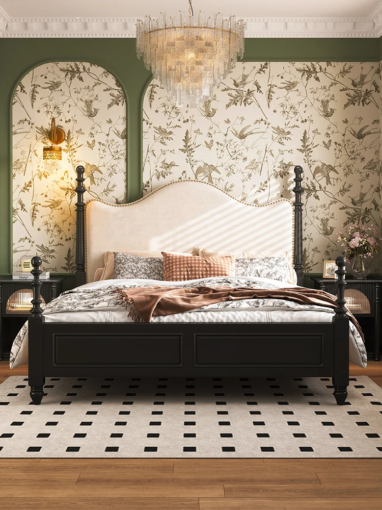 Кровать из массива дерева двуспальная свадебная кровать с римской колонной кровать принцессы черная американская кровать Изображение 0