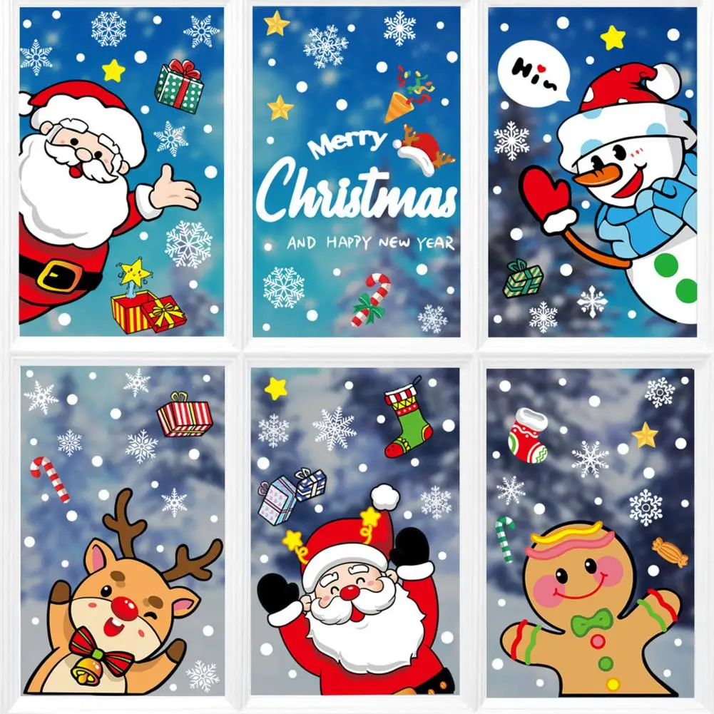 Легко наносятся рождественские украшения для окон Яркие Рождественские наклейки на окна Праздничный Санта Снеговик Дерево Лось Пингвин для стекла Изображение 1