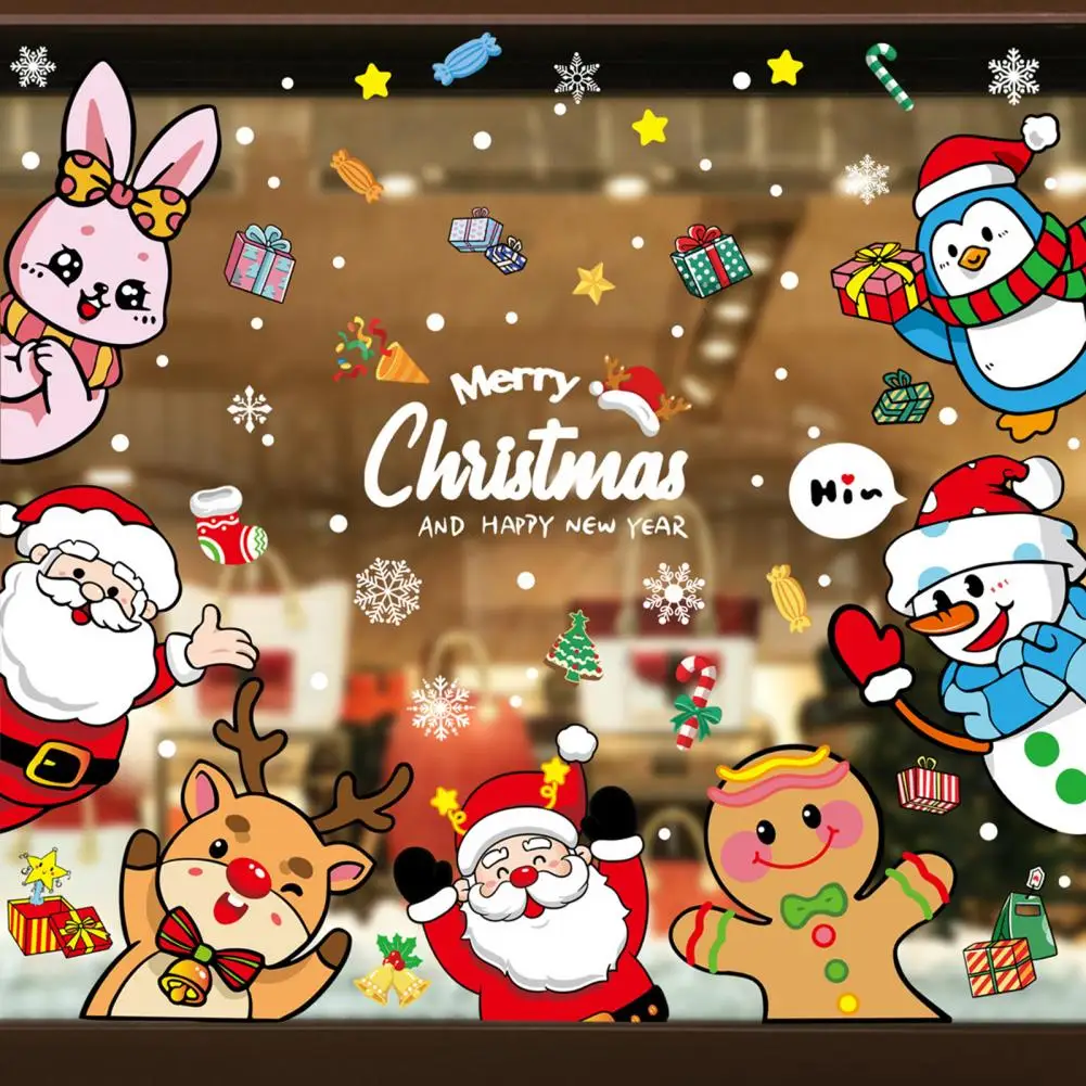 Легко наносятся рождественские украшения для окон Яркие Рождественские наклейки на окна Праздничный Санта Снеговик Дерево Лось Пингвин для стекла Изображение 2