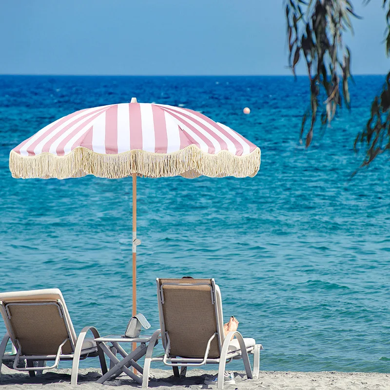 Открытый пляжный зонтик с бахромой в стиле бохо, Наклонный деревянный шест, Зонтик с кисточкой, Складной садовый газон, Стол во дворе у бассейна, Праздничные зонтики Изображение 0