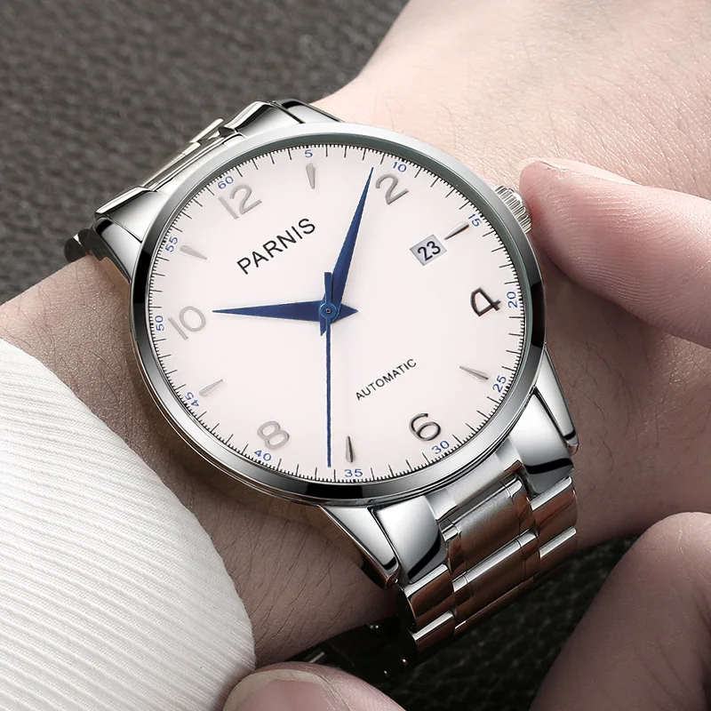 Новые модные механические часы Parnis с белым циферблатом 38 мм, автоматические часы из нержавеющей стали для мужчин, лучший бренд класса люкс relogio masculino Изображение 0