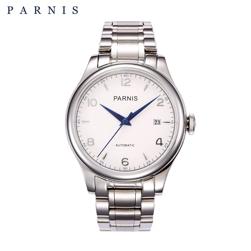 Новые модные механические часы Parnis с белым циферблатом 38 мм, автоматические часы из нержавеющей стали для мужчин, лучший бренд класса люкс relogio masculino Изображение 1
