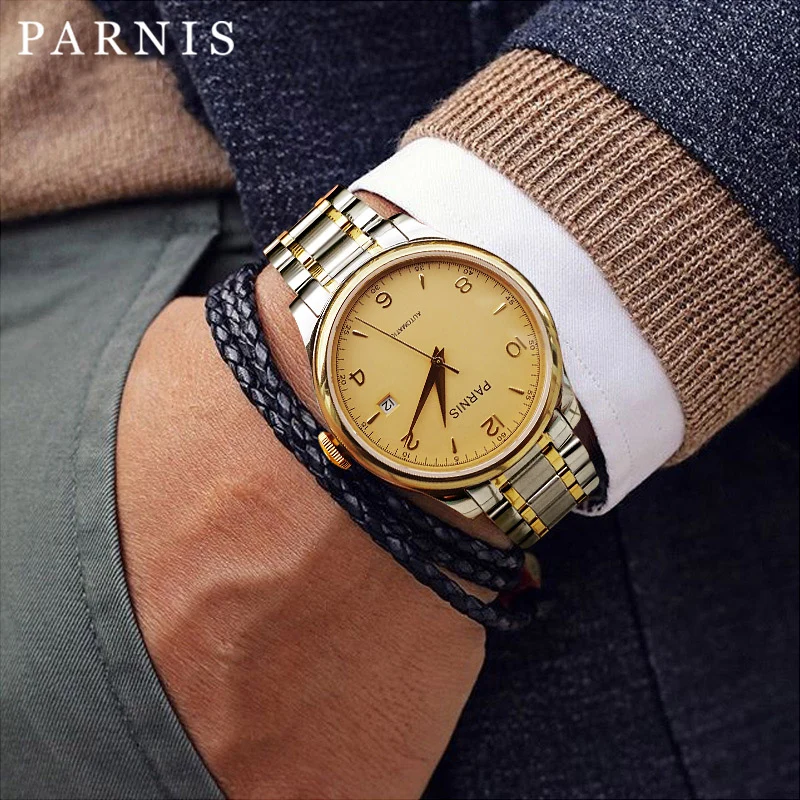 Новые модные механические часы Parnis с белым циферблатом 38 мм, автоматические часы из нержавеющей стали для мужчин, лучший бренд класса люкс relogio masculino Изображение 4