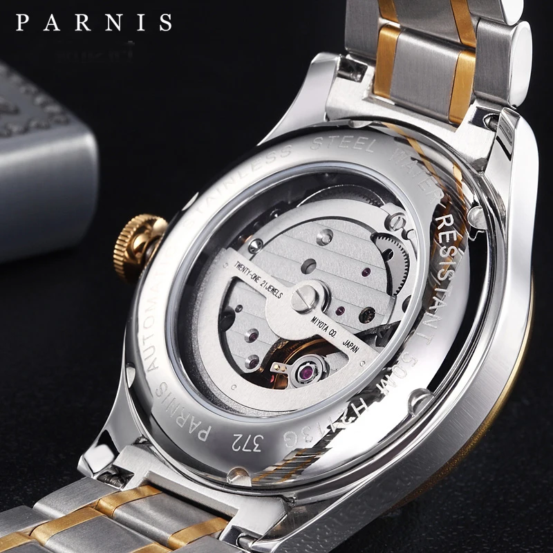 Новые модные механические часы Parnis с белым циферблатом 38 мм, автоматические часы из нержавеющей стали для мужчин, лучший бренд класса люкс relogio masculino Изображение 5