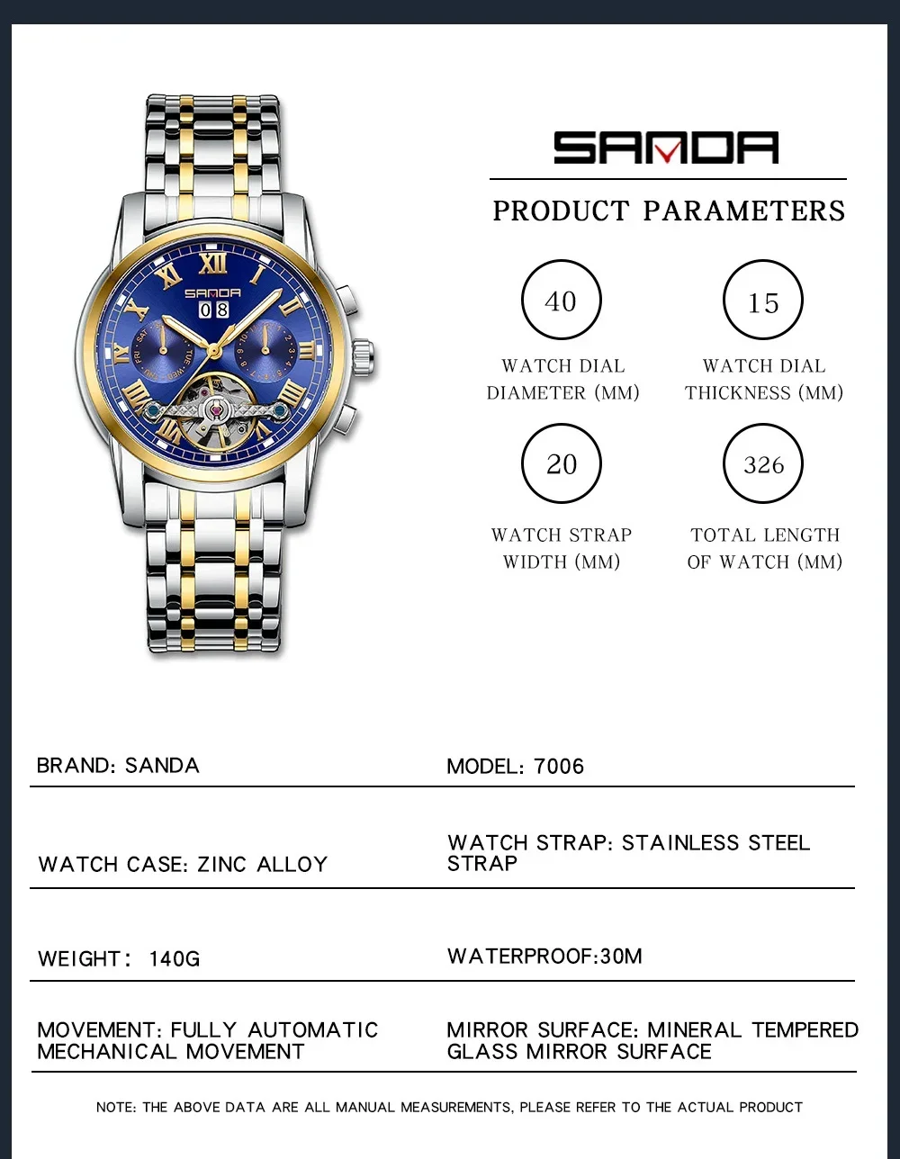 Мужские полностью автоматические механические часы на стальном ремне, новинка, Sanda 7006, модные часы с календарем, полые мужские часы Изображение 1