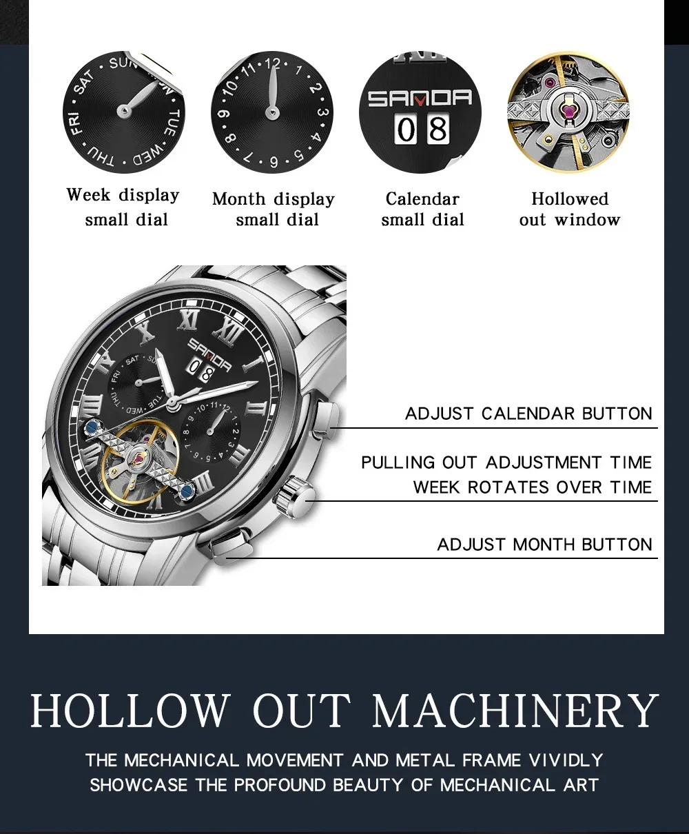 Мужские полностью автоматические механические часы на стальном ремне, новинка, Sanda 7006, модные часы с календарем, полые мужские часы Изображение 2