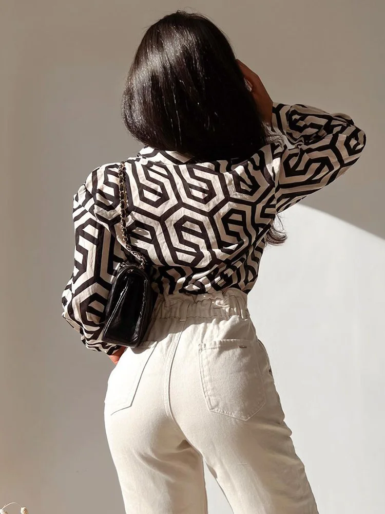 Рубашки женские Модные 2022, топы с геометрическим принтом в винтажном стиле, рубашка с длинным рукавом на пуговицах с лацканами и накладным нагрудным карманом Изображение 1