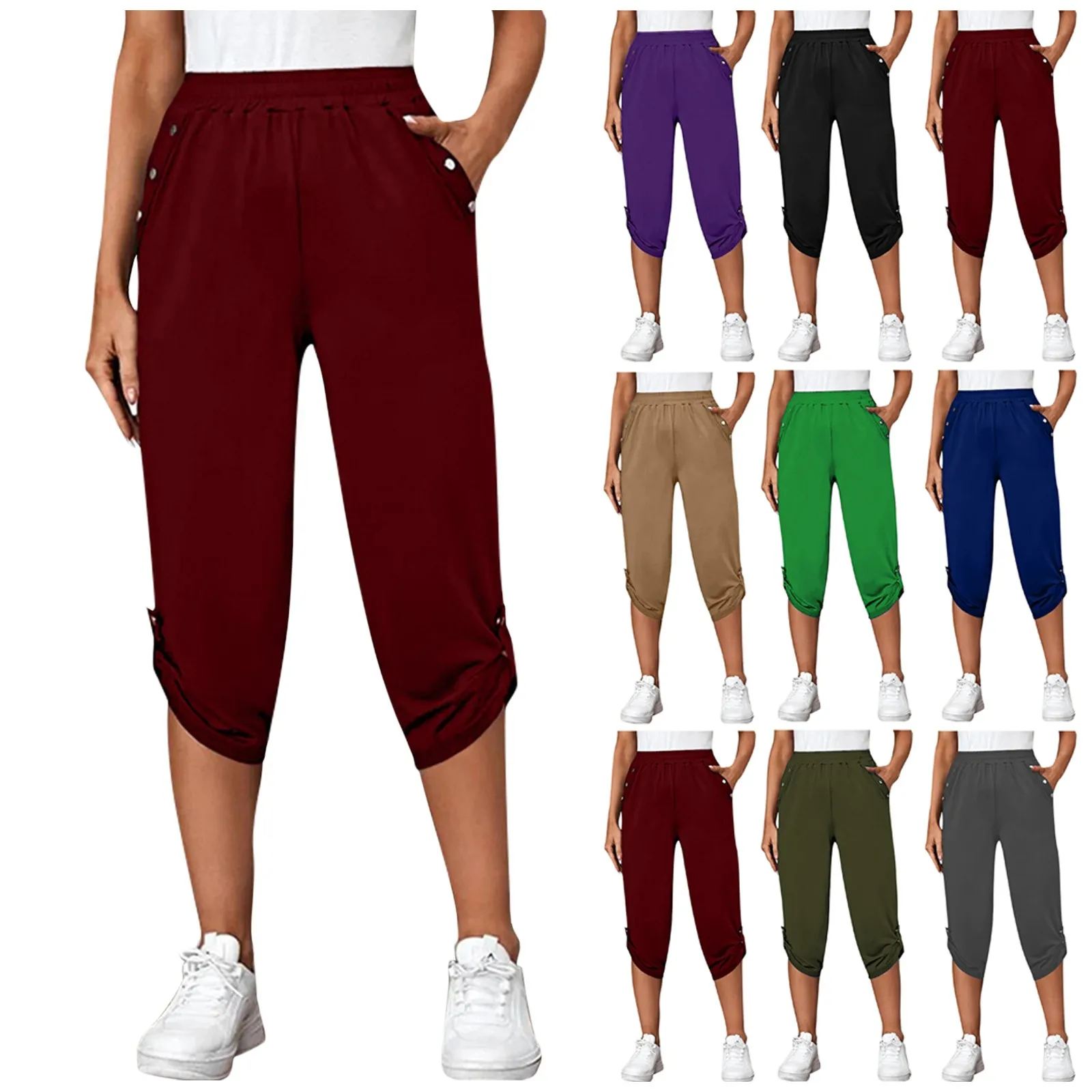 Женские брюки-капри, женские Летние бриджи 2023, укороченные брюки с высокой талией, женские однотонные прямые брюки длиной до икр Изображение 1
