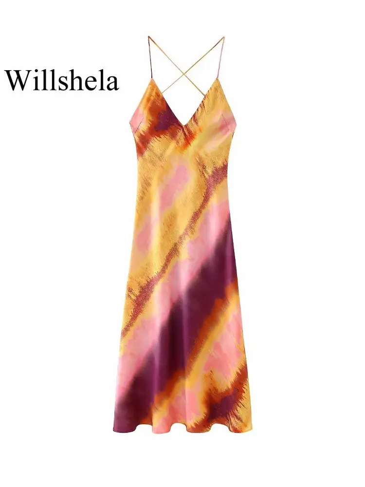 Willshela/ Женское модное платье Миди с атласным принтом и боковой молнией без спинки, Винтажные женские платья с V-образным вырезом на тонких бретелях, шикарные женские платья Изображение 0