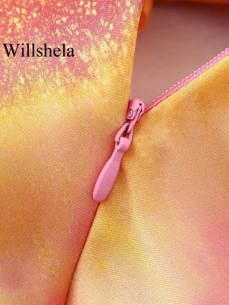 Willshela/ Женское модное платье Миди с атласным принтом и боковой молнией без спинки, Винтажные женские платья с V-образным вырезом на тонких бретелях, шикарные женские платья Изображение 5