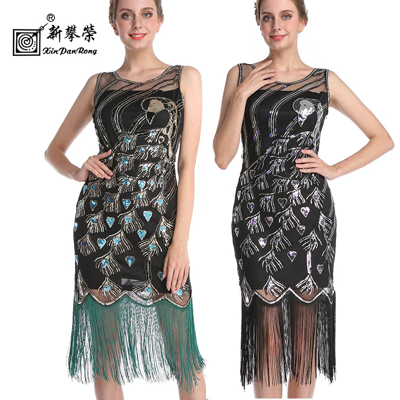 Amazon Европейское и американское бальное платье с пайетками больших размеров 1920-х годов, винтажное банкетное платье с Павлином, расшитое бисером и кисточками Изображение 0