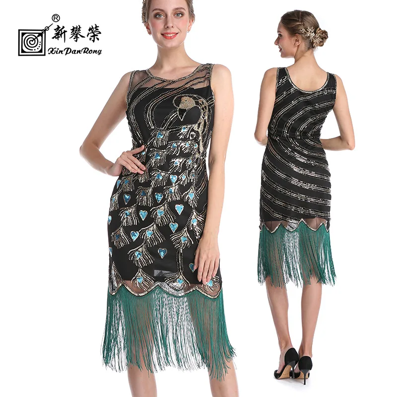 Amazon Европейское и американское бальное платье с пайетками больших размеров 1920-х годов, винтажное банкетное платье с Павлином, расшитое бисером и кисточками Изображение 1