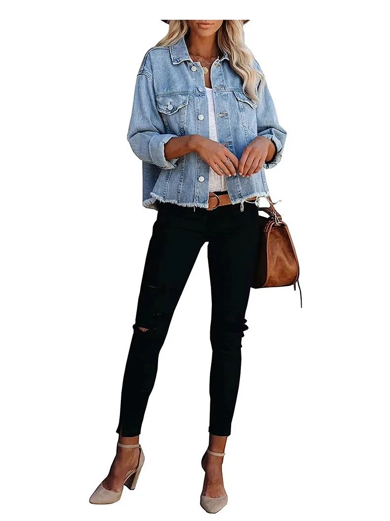 2023 Осенне-зимние джинсовые куртки для женщин, модное джинсовое пальто с необработанным краем и длинным рукавом, повседневная женская одежда S-2XL Изображение 0