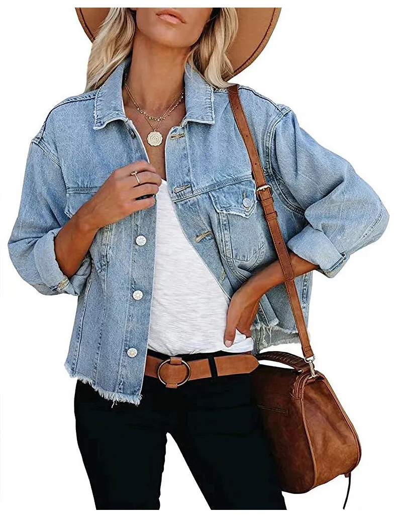 2023 Осенне-зимние джинсовые куртки для женщин, модное джинсовое пальто с необработанным краем и длинным рукавом, повседневная женская одежда S-2XL Изображение 3
