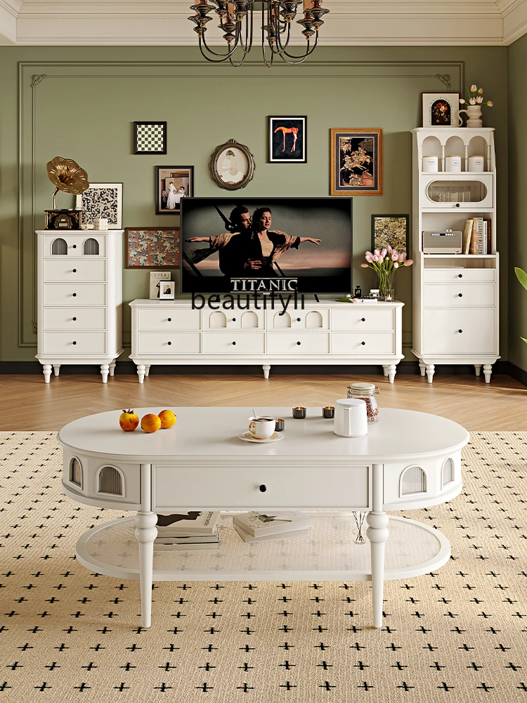 Легкая французская ретро-арка из белого массива дерева, стеклянный шкаф для телевизора и чайный столик, роскошное сочетание гостиной маленькой квартиры Изображение 2