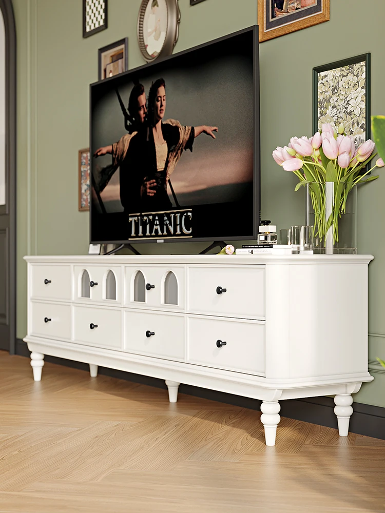 Легкая французская ретро-арка из белого массива дерева, стеклянный шкаф для телевизора и чайный столик, роскошное сочетание гостиной маленькой квартиры Изображение 4