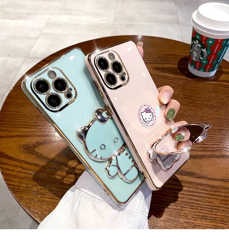 3D Helloes Kittys С Туалетным Зеркалом Чехол для Телефона iPhone 15 14 13 12 11 Pro Max X XR XS MAX 7 8 Защита От падения Задняя Крышка Для Девочки Изображение 1