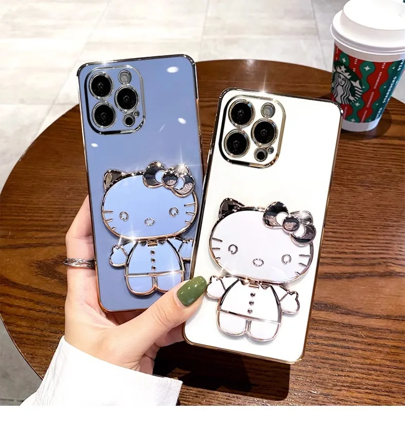 3D Helloes Kittys С Туалетным Зеркалом Чехол для Телефона iPhone 15 14 13 12 11 Pro Max X XR XS MAX 7 8 Защита От падения Задняя Крышка Для Девочки Изображение 2