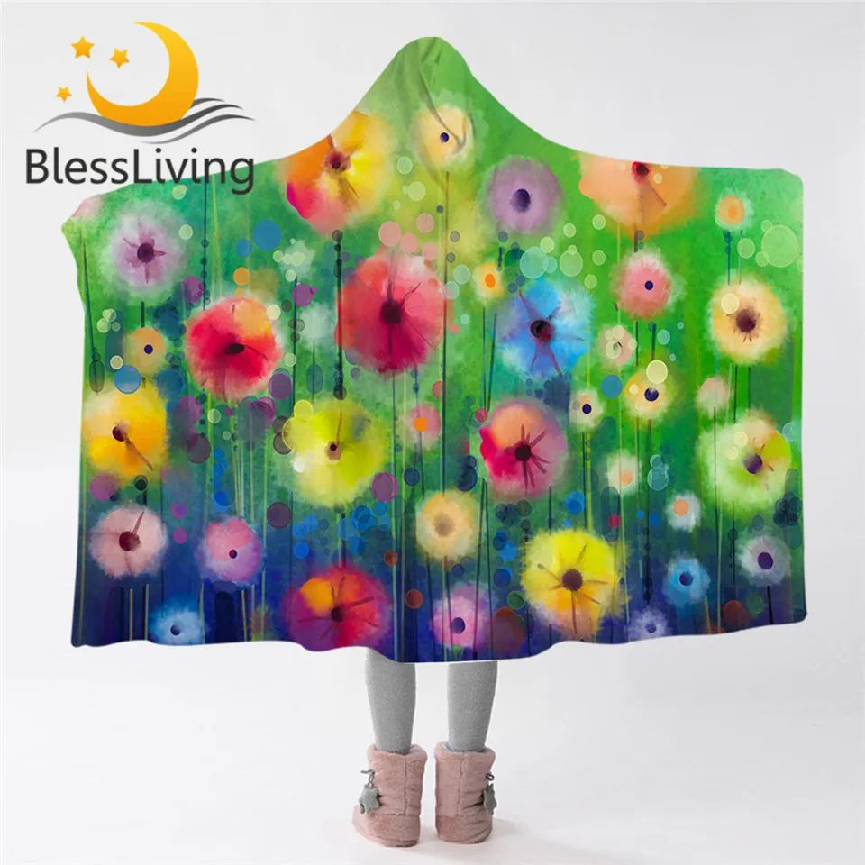 Одеяло с капюшоном BlessLiving с цветочным рисунком для взрослых, Шерп-флисовое одеяло с цветочным рисунком, Акварельное Носимое одеяло, Роскошное постельное белье Изображение 0